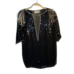 VTG 90s St. Martin Black Sequin Silver Bead Evening Cocktail top Mob Wife XL